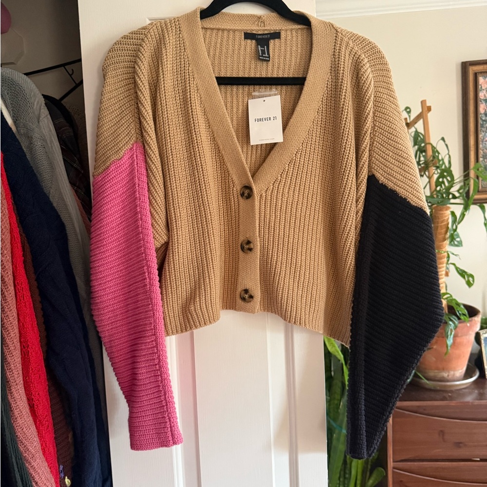 Forever 21 Colorblock Cropped Cardigan - Beige, Pink, Black